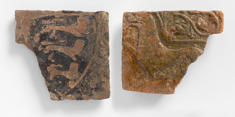 Two Medieval tiles from Butley Priory. Left: Three Lions Passant. Right: Lion passant with floriated tail. Photo: FXP Photography, by permission of Orford Museum.