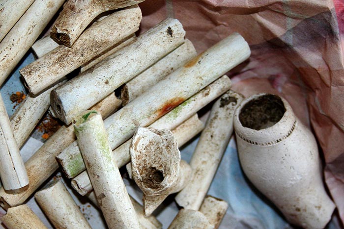 Photograph of a collection of broken clay pipe stems. Copyright Kim Crowder