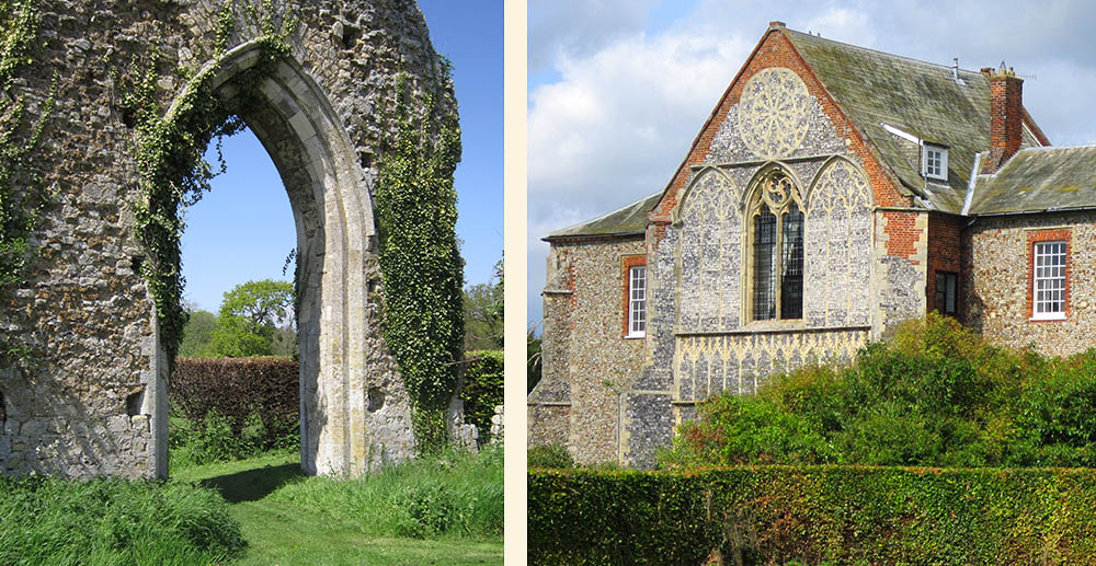 Left, The South Transept Arch at Butley Priory, the main surviving part of the Priory Church and, right, a view of the Gatehouse from the south. Photographs by Kim Crowder, 2018.