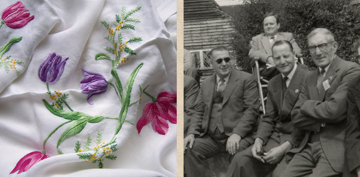 Two images. on the left an embriodery of pink and blue tulips with green leaves and intertwined mimosa, on the right William Pearson seated with a group of men, including a younger man in a wheelchair and one wearing very dark glasses. They are all smiling as if enjoying each others' company.